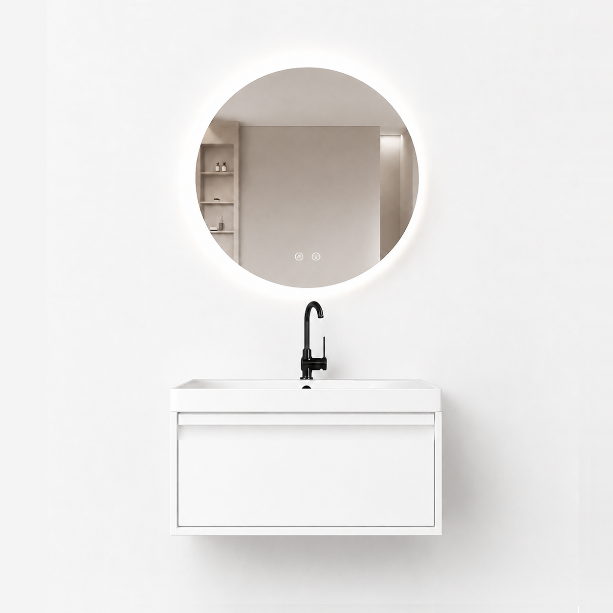 01-600mm/Glacier White-Bathroom Vanity Set with Round LED Smart Mirror, Single Drawer, Ceramic Sink