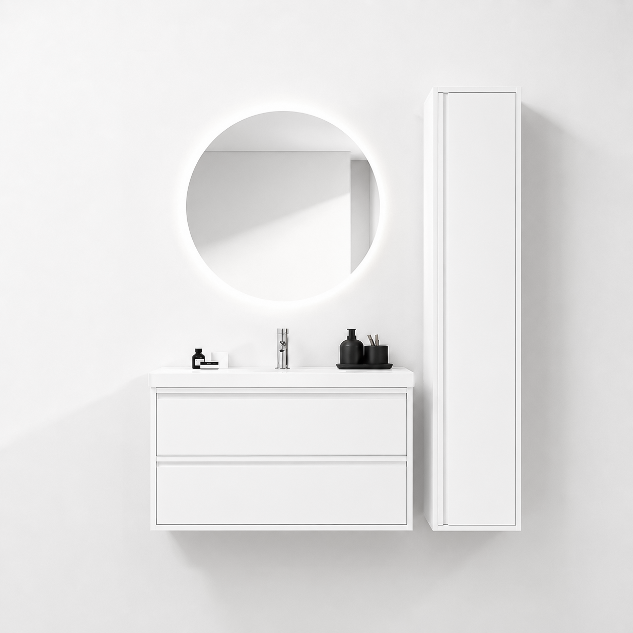 02-1000mm/Glacier White-Bathroom Vanity Set with Side Cabinet, Round LED Smart Mirror & Double Drawers,Ceramic Sink
