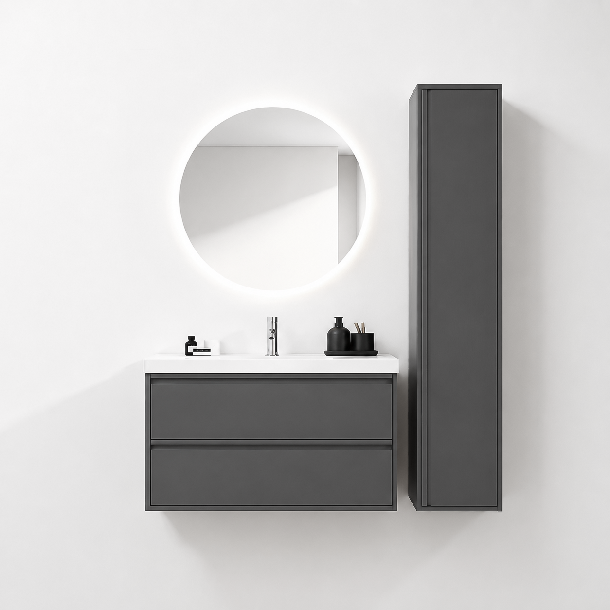 02-1000mm/Premium Gray-Bathroom Vanity Set with Side Cabinet, Round LED Smart Mirror & Double Drawers,Ceramic Sink