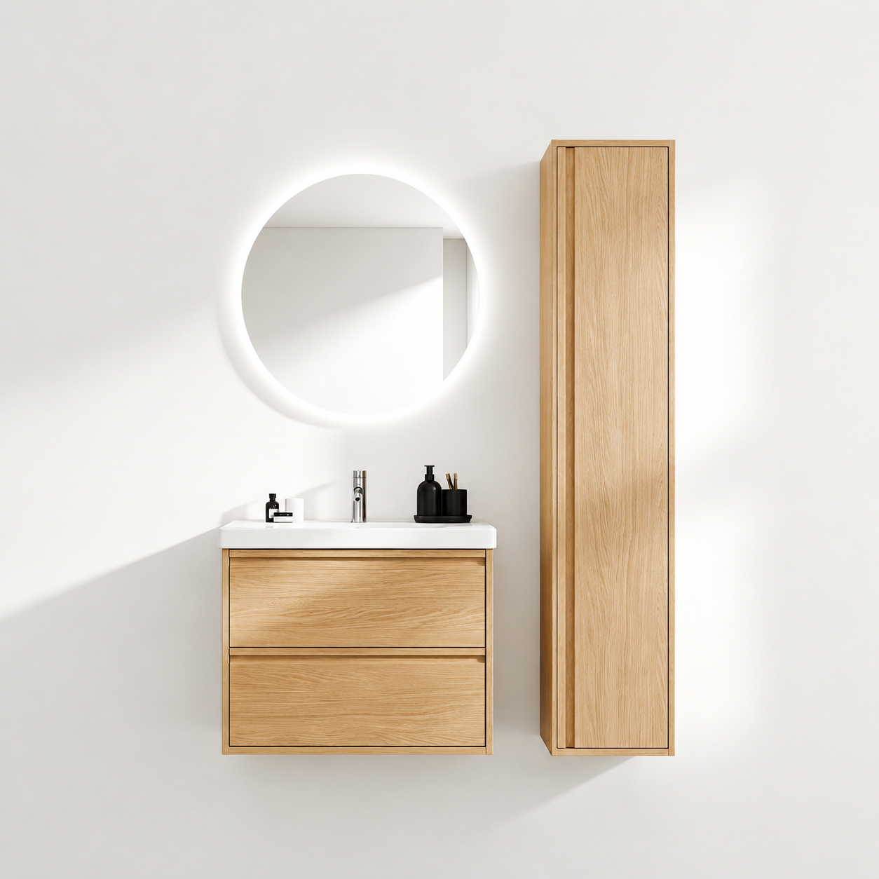 02-600mm/Natural Wood Color-Bathroom Vanity Set with Side Cabinet, Round LED Smart Mirror & Double Drawers,Ceramic Sink