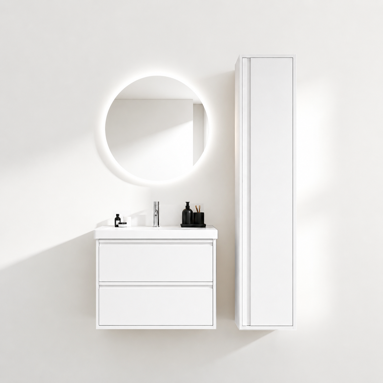 02-600mm/Glacier White-Bathroom Vanity Set with Side Cabinet, Round LED Smart Mirror & Double Drawers,Ceramic Sink