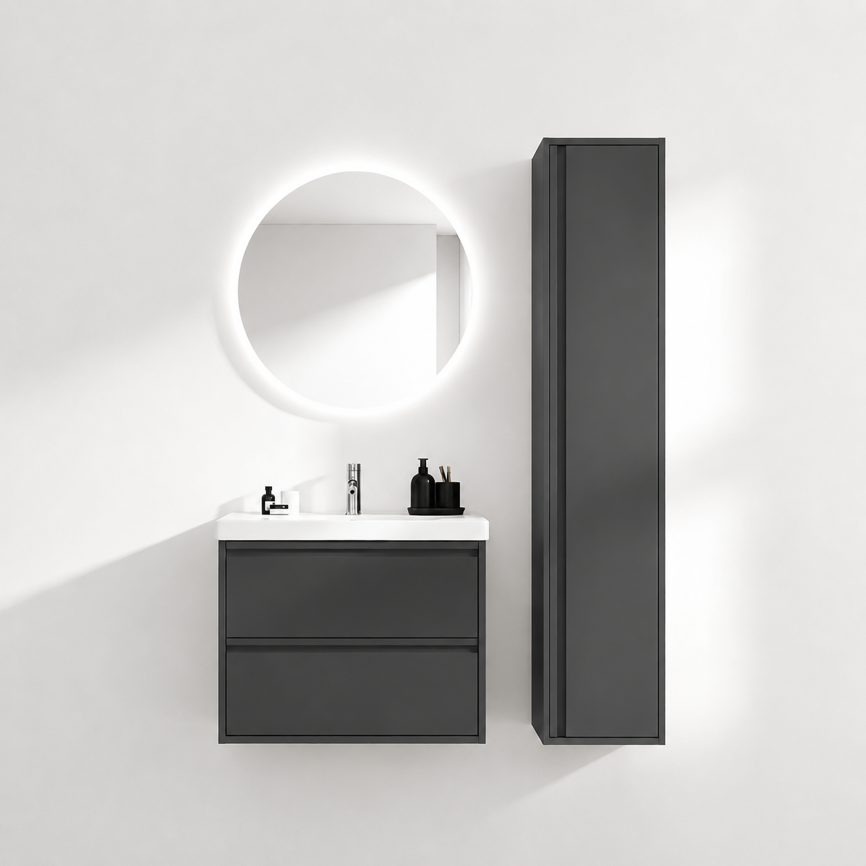 02-600mm/Premium Gray-Bathroom Vanity Set with Side Cabinet, Round LED Smart Mirror & Double Drawers,Ceramic Sink