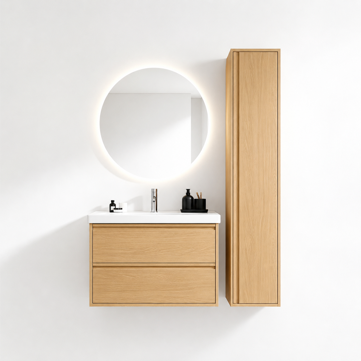 02-800mm/Natural Wood Color-Bathroom Vanity Set with Side Cabinet, Round LED Smart Mirror & Double Drawers,Ceramic Sink