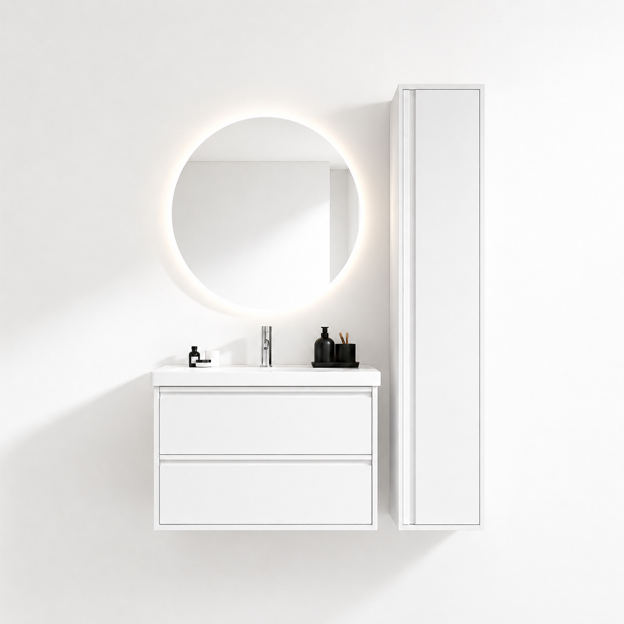 02-800mm/Glacier White-Bathroom Vanity Set with Side Cabinet, Round LED Smart Mirror & Double Drawers,Ceramic Sink