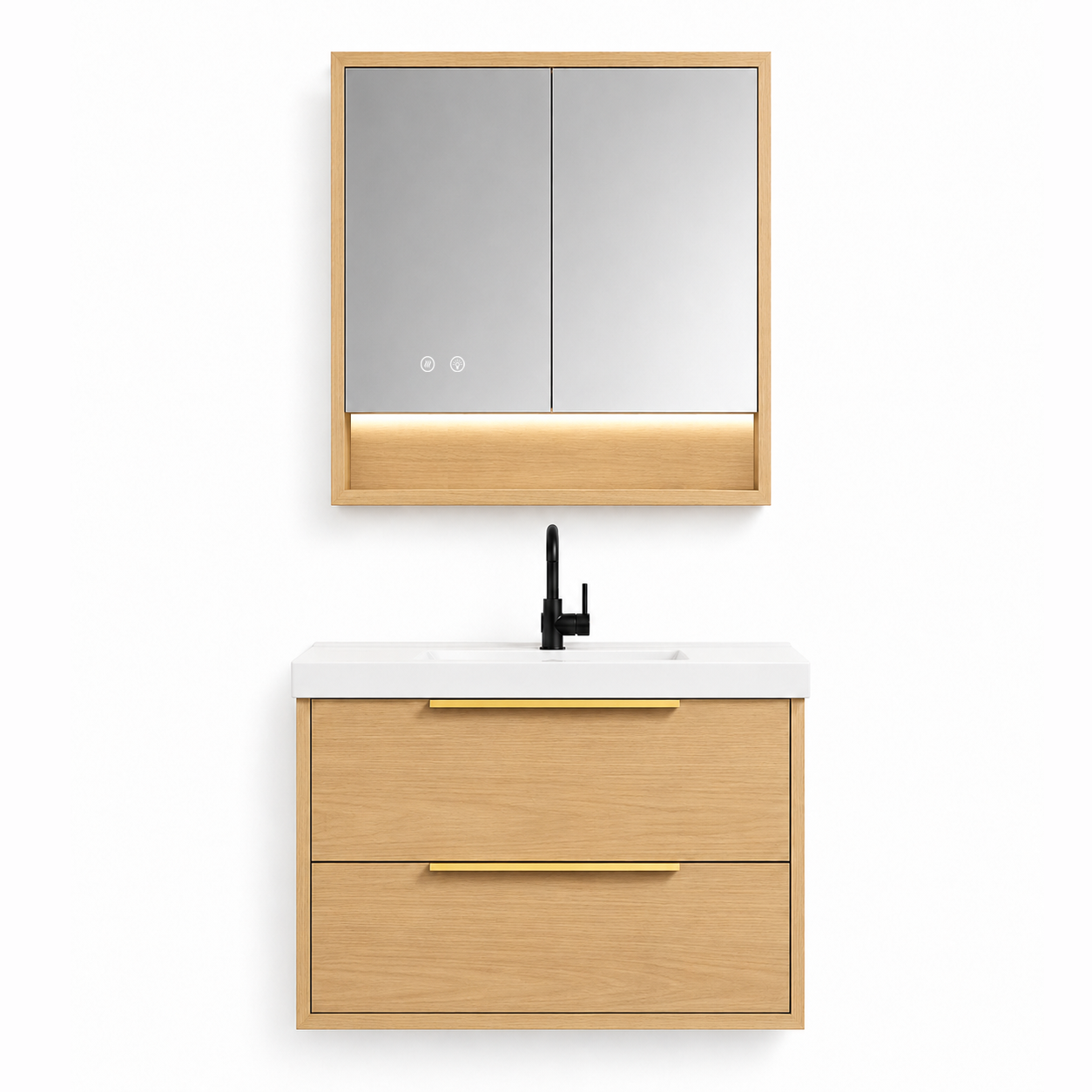 YH003-600 Bathroom Vanity Set with LED Medicine Cabinet, 600mm Natural Wood Tone Vanity with Ceramic Sink & Double Drawers 二、Description(描述)