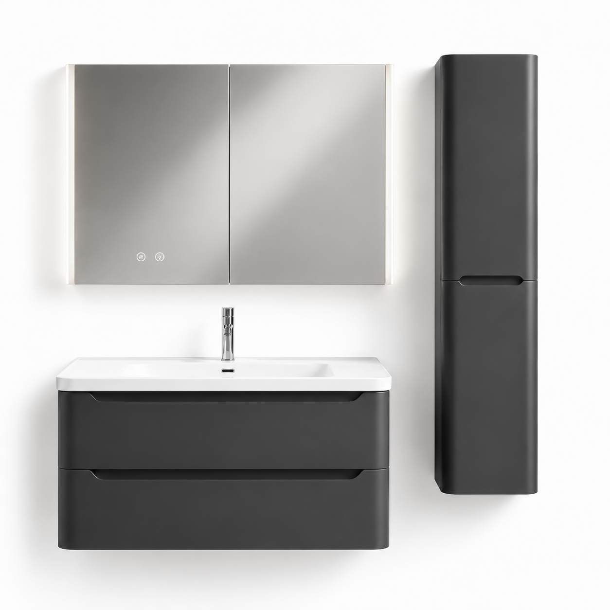 04-1000mm/JS1015 Premium Gray-Bathroom Vanity Set with LED Light Column Mirror Cabinet, Tall Side Cabinet, Double Drawers, Ceramic Sink