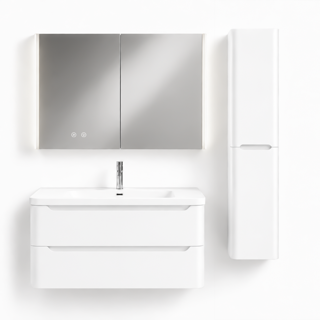 04-1000mm/Glacier White-Bathroom Vanity Set with LED Light Column Mirror Cabinet, Tall Side Cabinet, Double Drawers, Ceramic Sink