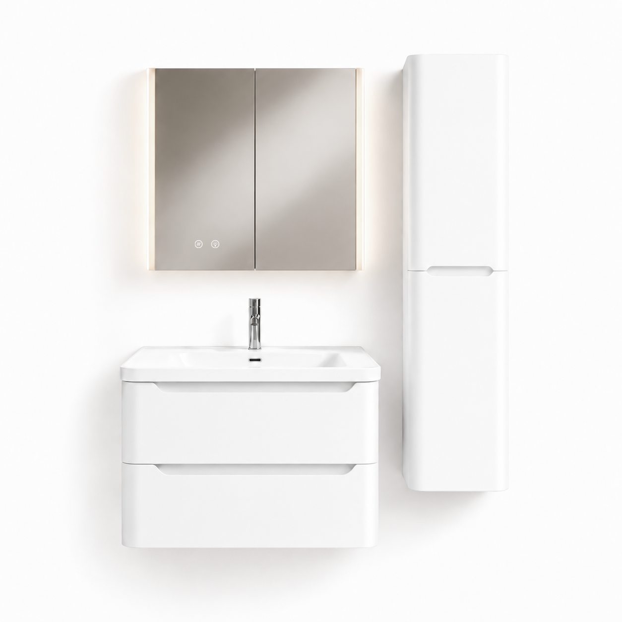 YH004-600 Bathroom Vanity Set with Side Cabinet & LED Medicine Cabinet, 600mm Iceberg White Vanity with Ceramic Sink & Double Drawers