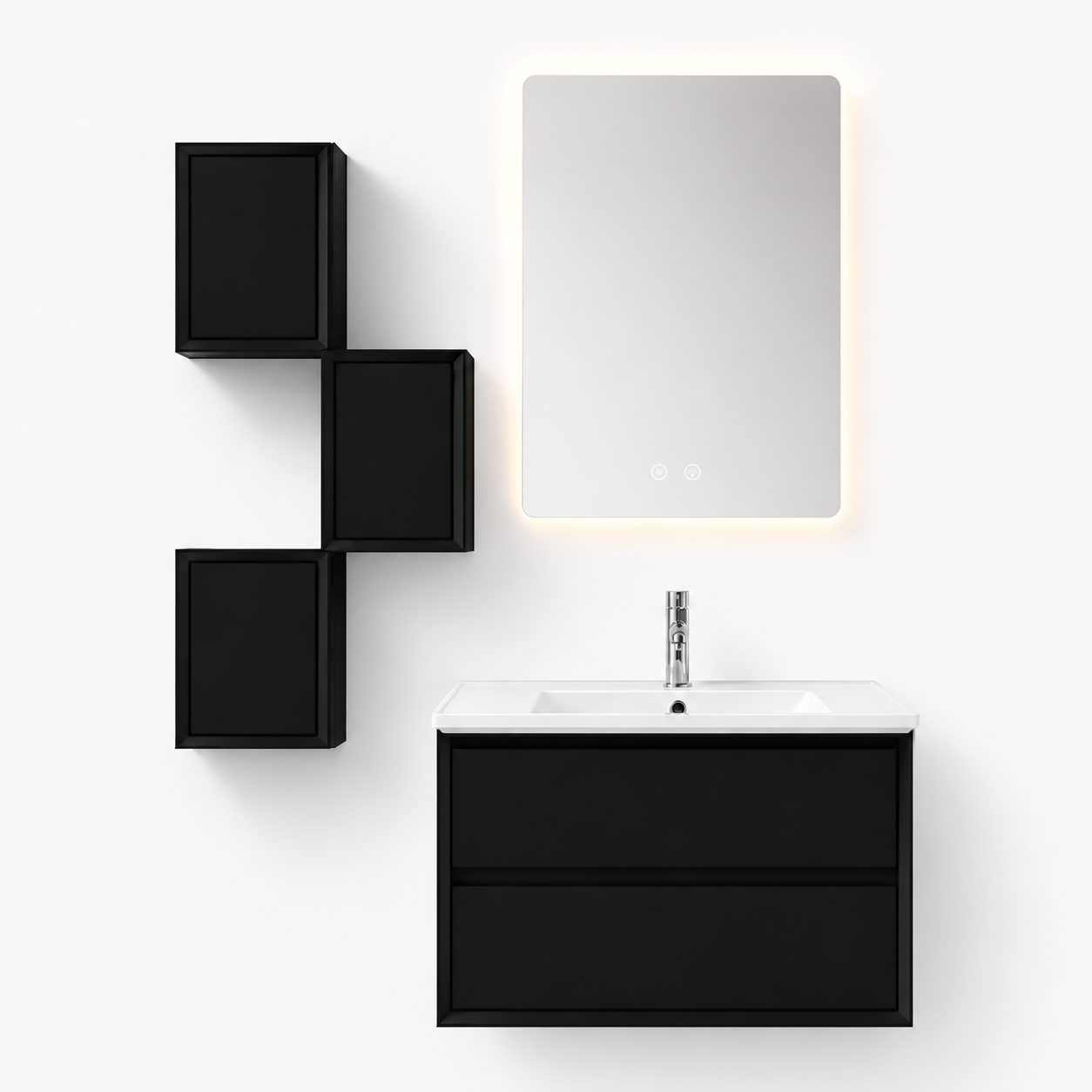 YH005-600 Bathroom Vanity Set with Smart Mirror & 3 Grid Storage Units, 600mm Black Vanity with E-Series Ceramic Sink & Double Drawers
