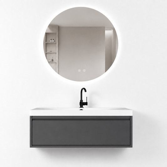 01-1000mm/Premium Gray-Bathroom Vanity Set with Round LED Smart Mirror, Single Drawer, Ceramic Sink