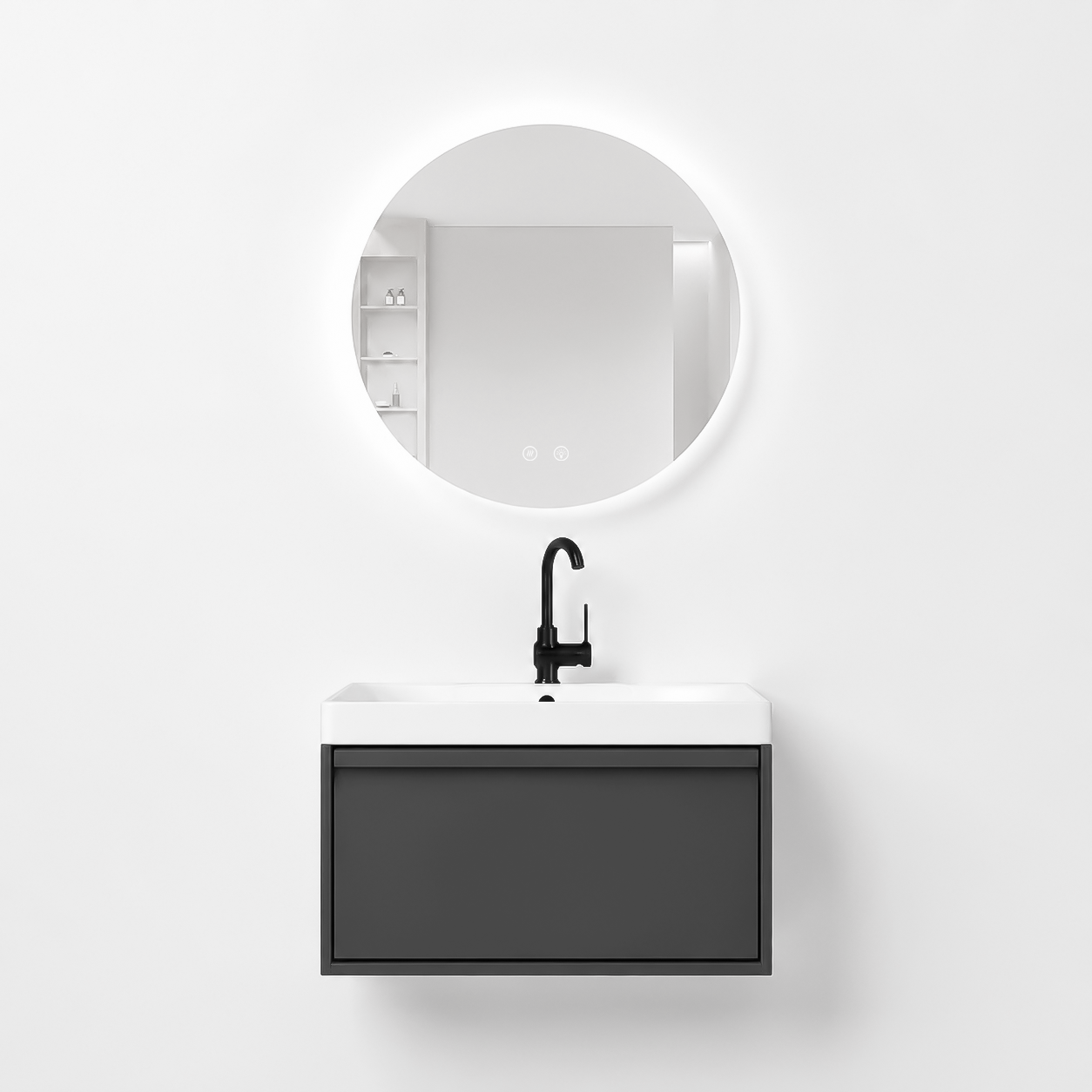 01-600mm/Premium Gray-Bathroom Vanity Set with Round LED Smart Mirror, Single Drawer, Ceramic Sink