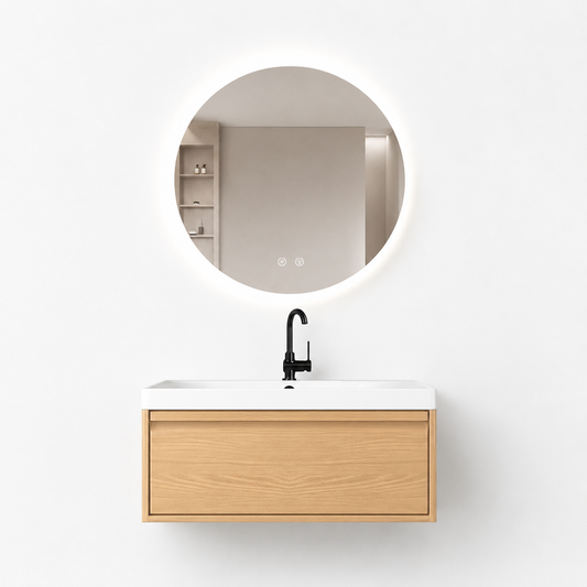 01-800mm/Natural Wood Color-Bathroom Vanity Set with Round LED Smart Mirror, Single Drawer, Ceramic Sink
