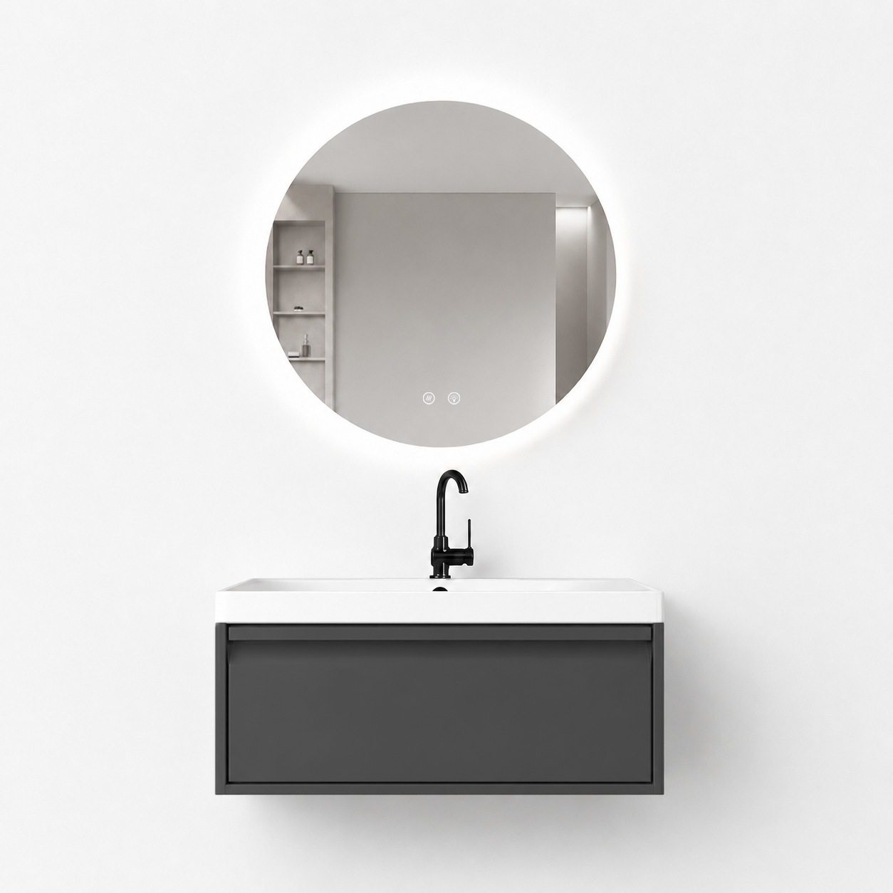 01-800mm/Premium Gray-Bathroom Vanity Set with Round LED Smart Mirror, Single Drawer, Ceramic Sink