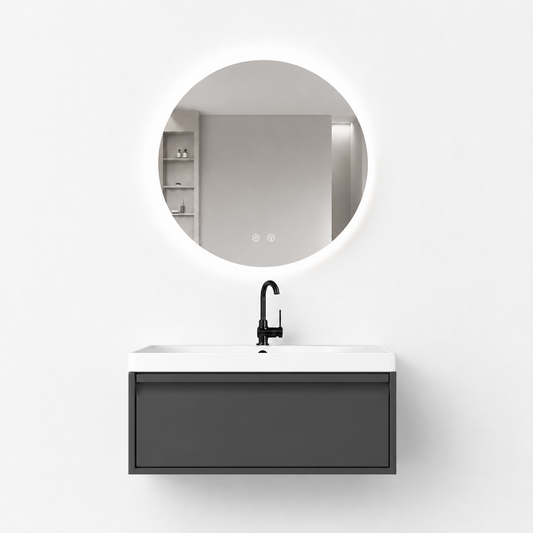 01-800mm/Premium Gray-Bathroom Vanity Set with Round LED Smart Mirror, Single Drawer, Ceramic Sink