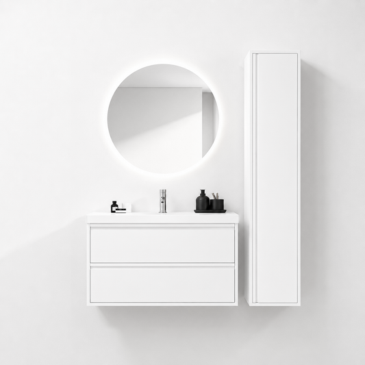02-1000mm/Glacier White-Bathroom Vanity Set with Side Cabinet, Round LED Smart Mirror & Double Drawers，Ceramic Sink