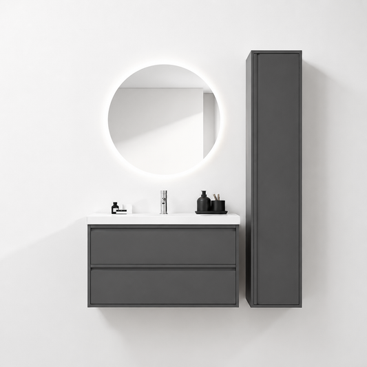 02-1000mm/Natural Wood Color-Bathroom Vanity Set with Side Cabinet, Round LED Smart Mirror & Double Drawers，Ceramic Sink