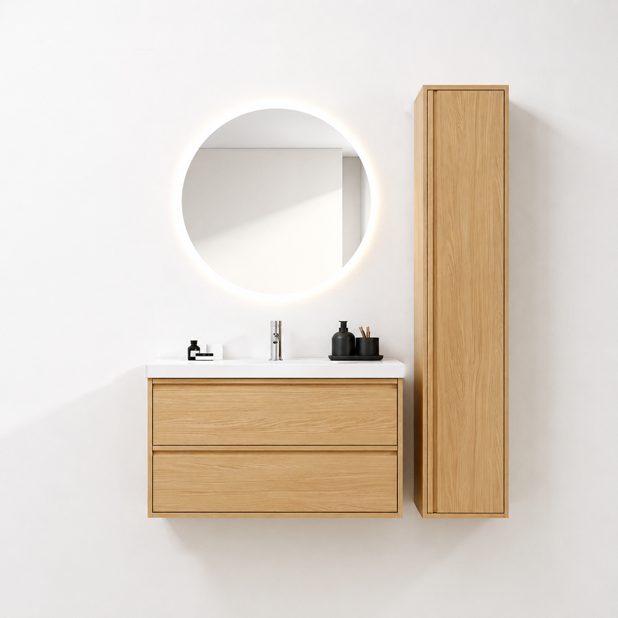 02-1000mm/Natural Wood Color-Bathroom Vanity Set with Side Cabinet, Round LED Smart Mirror & Double Drawers，Ceramic Sink