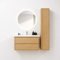 02-1000mm/Natural Wood Color-Bathroom Vanity Set with Side Cabinet, Round LED Smart Mirror & Double Drawers，Ceramic Sink