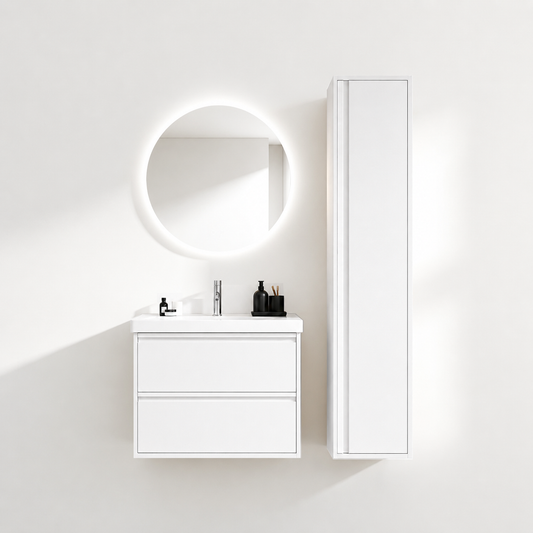 02-600mm/Glacier White-Bathroom Vanity Set with Side Cabinet, Round LED Smart Mirror & Double Drawers，Ceramic Sink