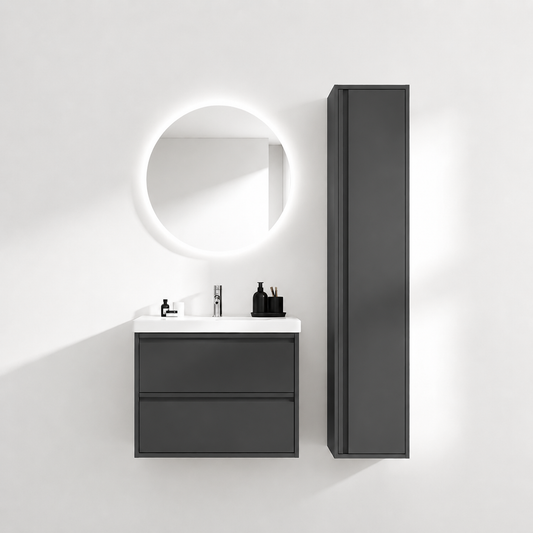 02-600mm/Premium Gray-Bathroom Vanity Set with Side Cabinet, Round LED Smart Mirror & Double Drawers，Ceramic Sink