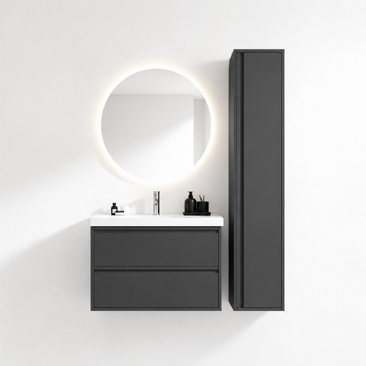 02-800mm/Premium Gray-Bathroom Vanity Set with Side Cabinet, Round LED Smart Mirror & Double Drawers，Ceramic Sink