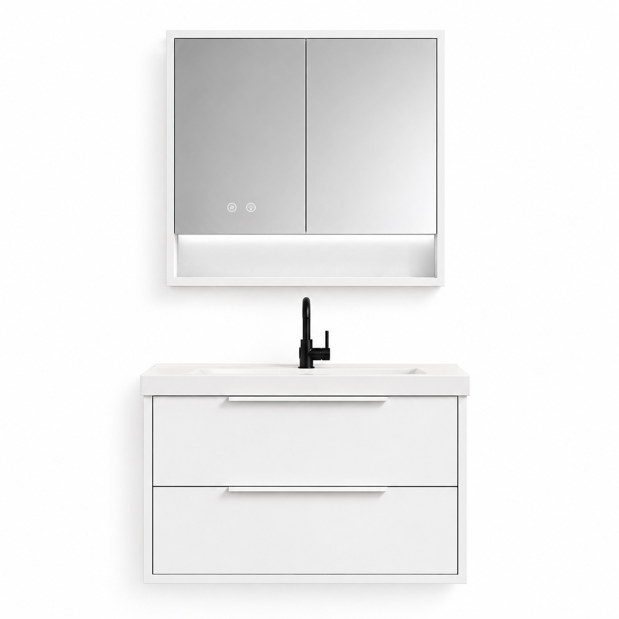 YH003-800 Bathroom Vanity Set with LED Medicine Cabinet, 800mm Iceberg White Vanity with Ceramic Sink & Double Drawers