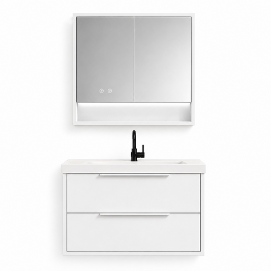 YH003-800 Bathroom Vanity Set with LED Medicine Cabinet, 800mm Iceberg White Vanity with Ceramic Sink & Double Drawers
