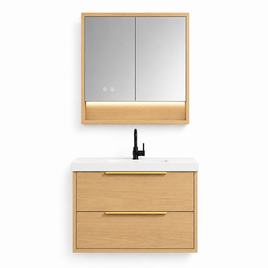YH003-600 Bathroom Vanity Set with LED Medicine Cabinet, 600mm Natural Wood Tone Vanity with Ceramic Sink & Double Drawers 二、Description（描述）
