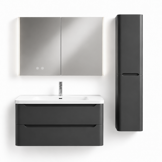 YH004-1000 Bathroom Vanity Set with Side Cabinet & LED Medicine Cabinet, 1000mm Premium Gray Vanity with Ceramic Sink & Double Drawers