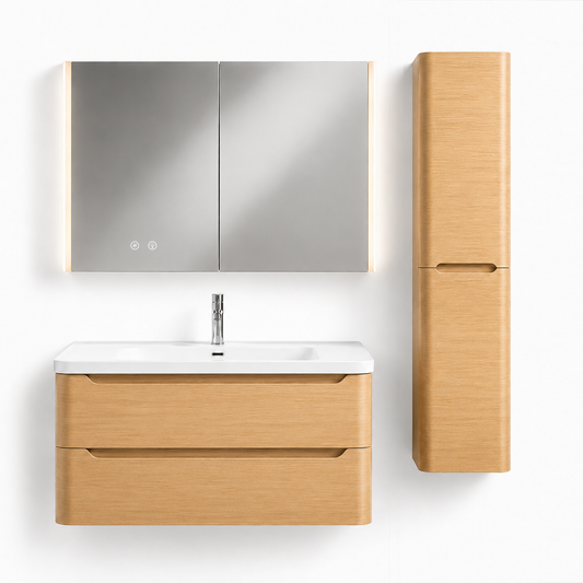04-1000mm/Natural Wood Color-Bathroom Vanity Set with LED Light Column Mirror Cabinet, Tall Side Cabinet, Double Drawers, Ceramic Sink