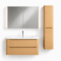 04-1000mm/Natural Wood Color-Bathroom Vanity Set with LED Light Column Mirror Cabinet, Tall Side Cabinet, Double Drawers, Ceramic Sink