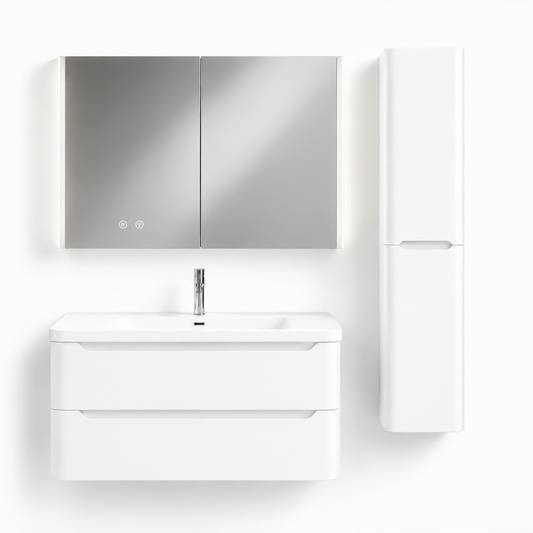 04-1000mm/Glacier White-Bathroom Vanity Set with LED Light Column Mirror Cabinet, Tall Side Cabinet, Double Drawers, Ceramic Sink