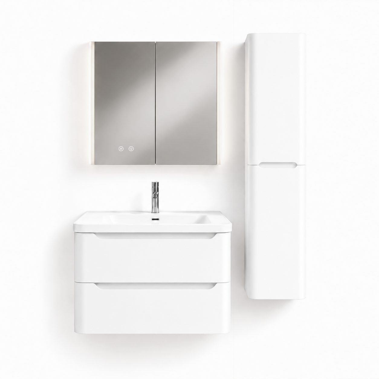 04-600mm/Glacier White-Bathroom Vanity Set with LED Light Column Mirror Cabinet, Tall Side Cabinet, Double Drawers, Ceramic Sink