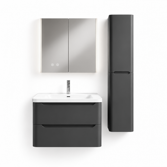 04-600mm/Premium Gray-Bathroom Vanity Set with LED Light Column Mirror Cabinet, Tall Side Cabinet, Double Drawers, Ceramic Sink