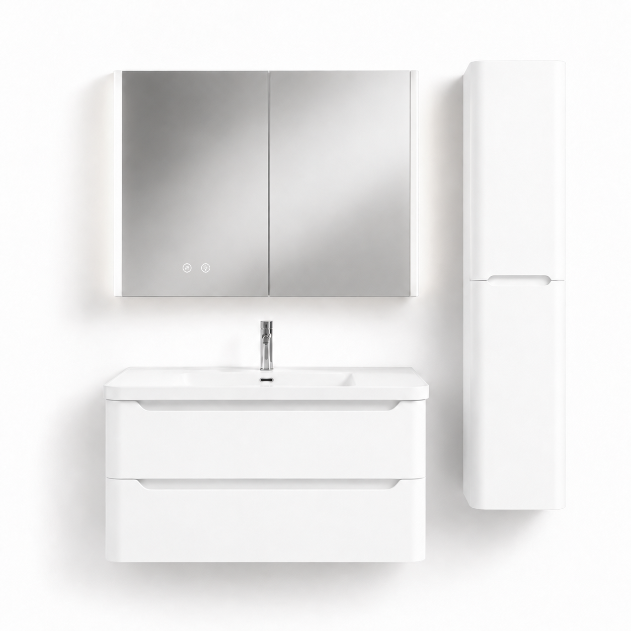 04-800mm/Glacier White-Bathroom Vanity Set with LED Light Column Mirror Cabinet, Tall Side Cabinet, Double Drawers, Ceramic Sink