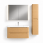 04-800mm/Natural Wood Color-Bathroom Vanity Set with LED Light Column Mirror Cabinet, Tall Side Cabinet, Double Drawers, Ceramic Sink