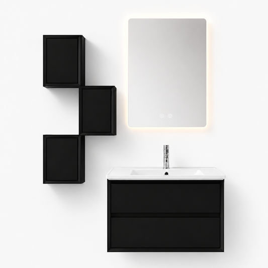 YH005-600 Bathroom Vanity Set with Smart Mirror & 3 Grid Storage Units, 600mm Black Vanity with E-Series Ceramic Sink & Double Drawers